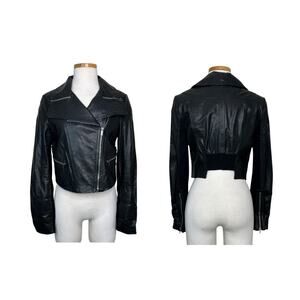 BCBGMAXAZRIA Leather Cropped Moto Biker Jacket Black Womens S Small